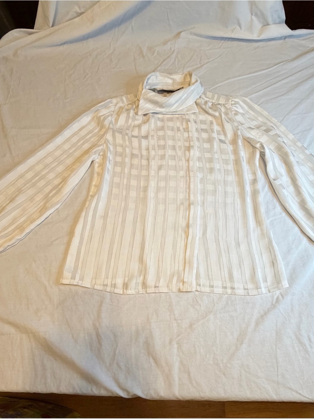 The Ascot Collection White Sheer Blouse with Gold Pinstripes Size 10